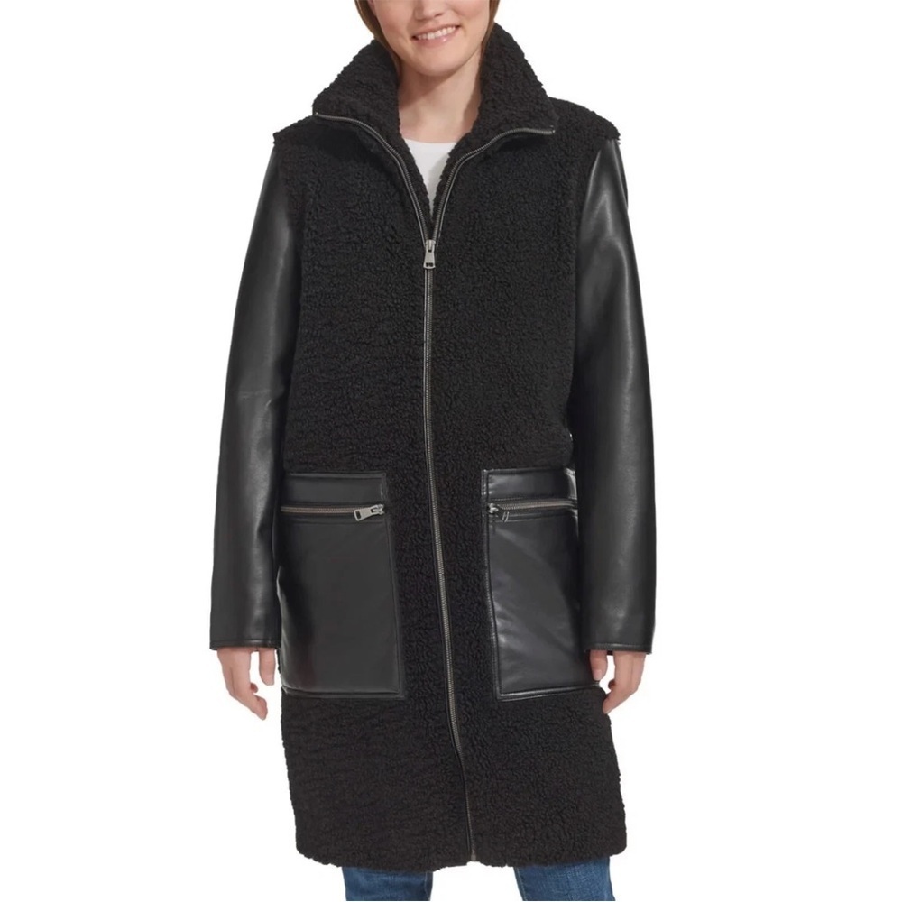 NWT Andrew Marc Women's Tunis Faux Sherpa and Faux Leather‎ black Coat